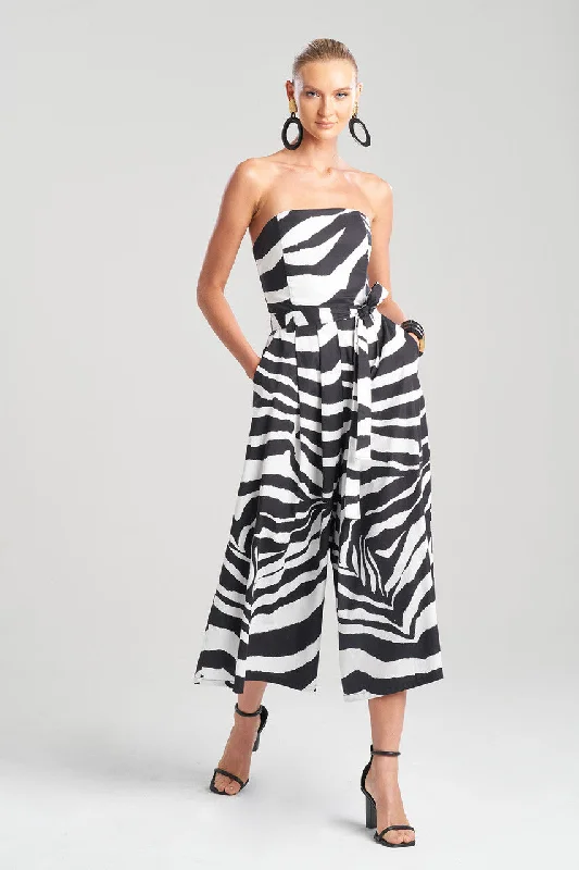 Breathable Bamboo Lingerie for Women Zebra Cotton Poplin Bustier Belted Palazzo Jumpsuit
