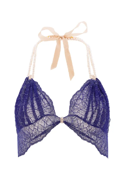 Women's High Waist Lingerie Bodysuits Blue bralette with pearl strand - Sydney Bra