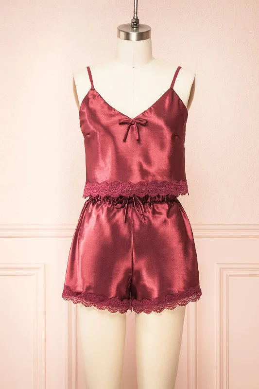 Women's High Waist Lingerie Bodysuits Set Cassiana Burgundy | Satin Pyjama Set