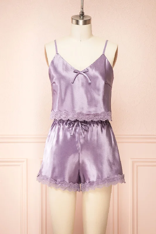 Women's High Waist Lingerie Bodysuits Set Cassiana Lilac | Satin Pyjama Set