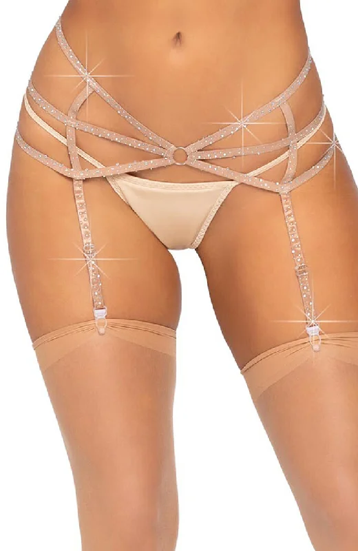 Designer Lingerie Sets for Women Nude cage-strap garter belt with rhinestones