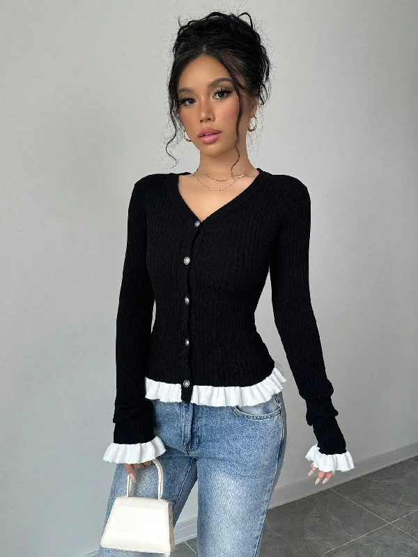 Women's Lingerie with Matching Robes Elenzya Women's Autumn/Winter Contrast Color Ruffled Cuff Knit Cardigan Women's Lingerie with Matching Robes Elenzya Women's Autumn/Winter Contrast Color Ruffled Cuff Knit Cardigan