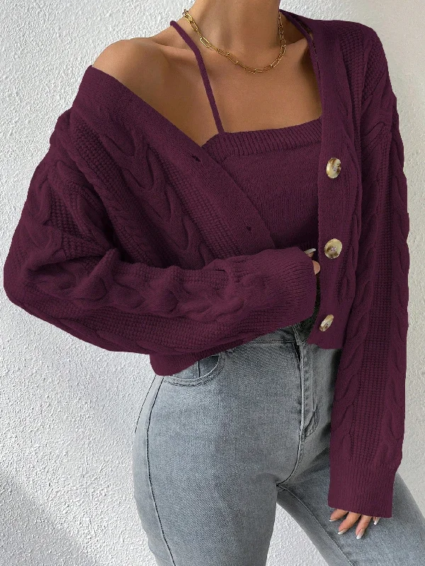 Women's High Waist Lingerie Bodysuits MOOSTA Cable Knit Drop Shoulder Cardigan & Cami Knit Top