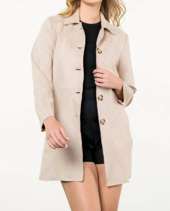 Women's Longline Linen Blazers in Pastel Colors for Summer EventsButton Up Suede Coat In Cream
