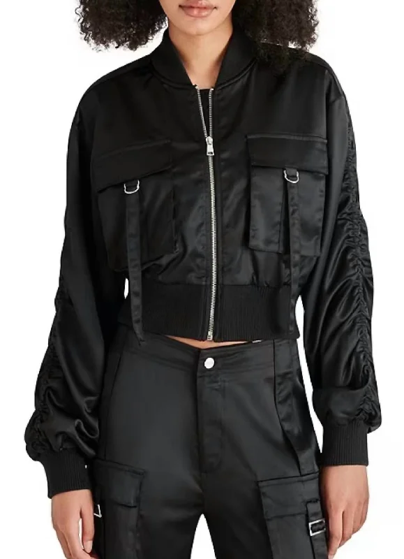Long women's mac coats in a lightweight fabric for spring showersCosta Silk Utility Cropped Bomber Jacket In Black Long women's mac coats in a lightweight fabric for spring showersCosta Silk Utility Cropped Bomber Jacket In Black