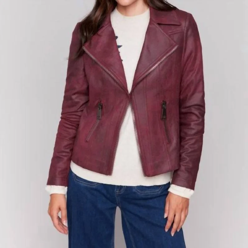 Plus Size Women's Ruffled Blazers in Pink for a Girly and Fashionable LookFaux Leather Moto Jacket In Cabernet