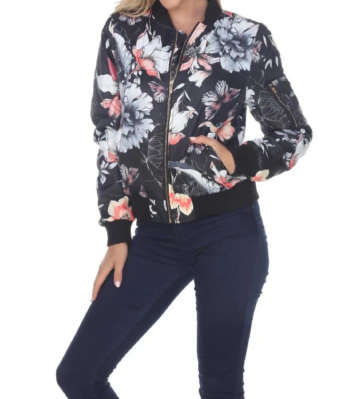 Shearling - lined women's leather coats for ultimate warmth and luxuryFloral Bomber Jacket In Black Shearling - lined women's leather coats for ultimate warmth and luxuryFloral Bomber Jacket In Black
