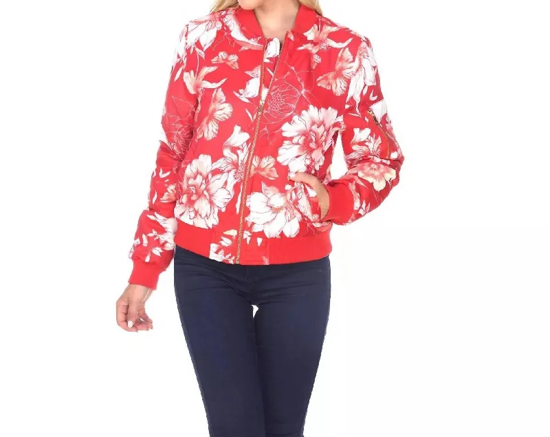 Women's pea coats with brass buttons for a nautical - inspired styleFloral Bomber Jacket In Red Women's pea coats with brass buttons for a nautical - inspired styleFloral Bomber Jacket In Red