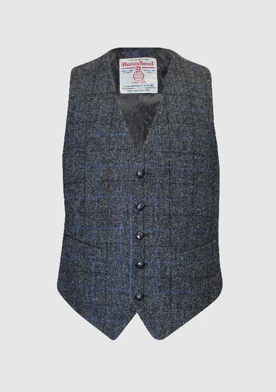 Embroidered women's cotton coats in a bohemian pattern for a unique designIain Waistcoat - Grey/Blue Check Embroidered women's cotton coats in a bohemian pattern for a unique designIain Waistcoat - Grey/Blue Check
