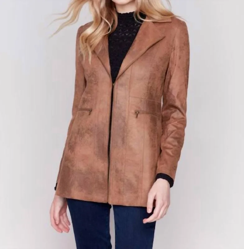 Women's Slim - Fit Blazers in Charcoal Gray for a Professional AppearanceLong Vintage Faux Suede Jacket In Truffle