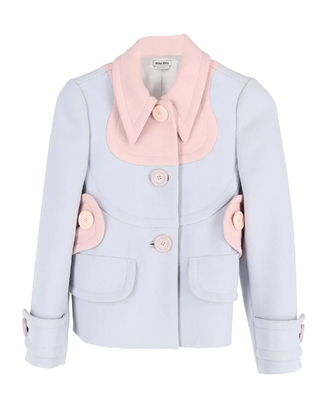 Single - Breasted Women's Linen Blend Blazers in Earth Tones for Casual WearMiu Miu Two-Tone Blazer Jacket in Pastel Blue Cotton Wool Single - Breasted Women's Linen Blend Blazers in Earth Tones for Casual WearMiu Miu Two-Tone Blazer Jacket in Pastel Blue Cotton Wool