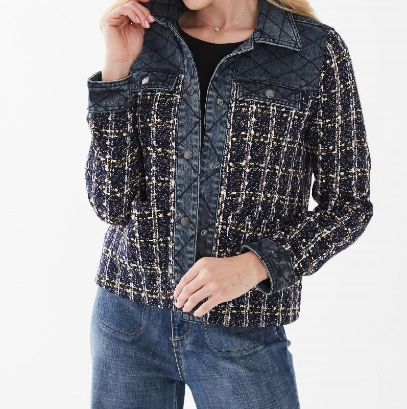 Checkered women's wool coats in a classic pattern for a timeless styleMixed Media Tweed Jacket In Indigo Checkered women's wool coats in a classic pattern for a timeless styleMixed Media Tweed Jacket In Indigo