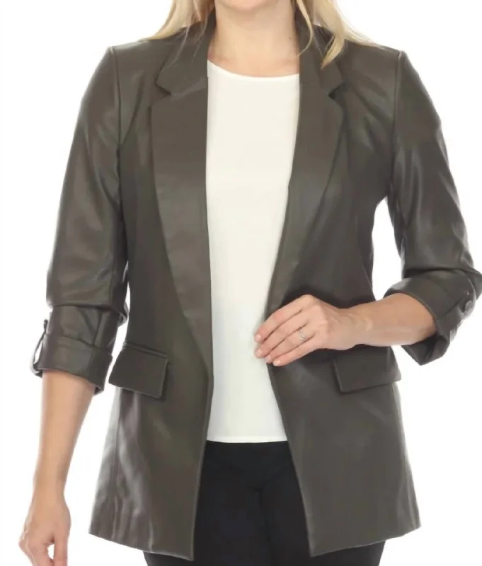 Plus Size Women's Faux Fur - Trimmed Blazers in Black for a Luxurious LookOpen Front Blazer In Avocado