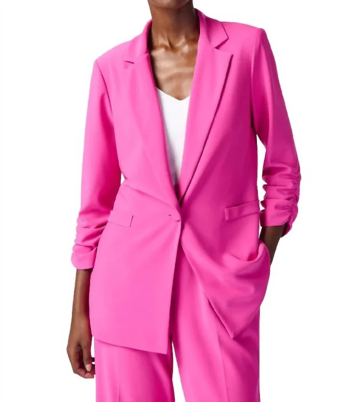 Plus Size Women's Embroidered Blazers in Floral Patterns for a Feminine TouchSilky Knit Shirred Sleeves Blazer In Pink