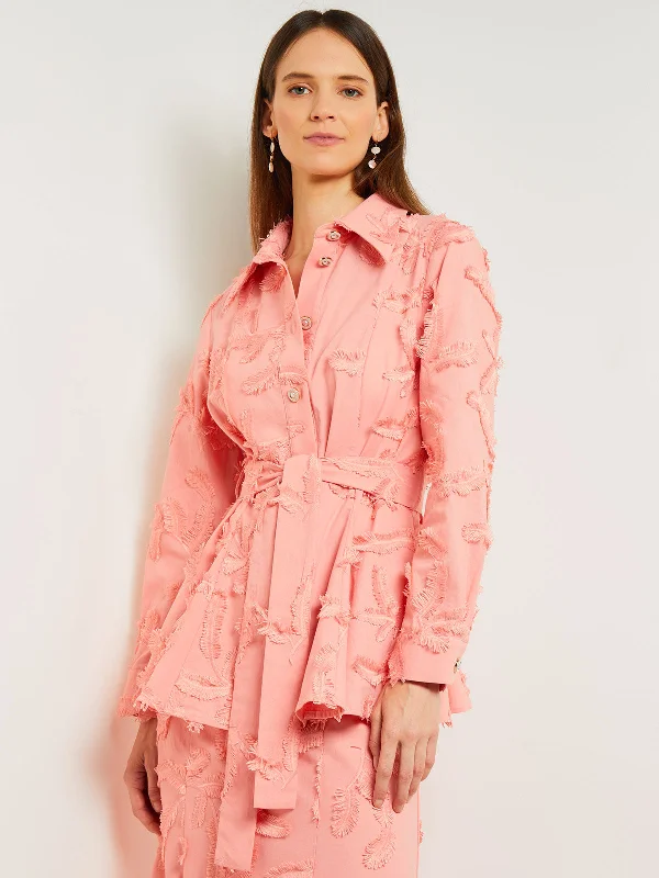 Embroidered women's cotton coats in a bohemian pattern for a unique designTailored Fit Button Front Jacket - Belted Fringe Applique Cotton Embroidered women's cotton coats in a bohemian pattern for a unique designTailored Fit Button Front Jacket - Belted Fringe Applique Cotton