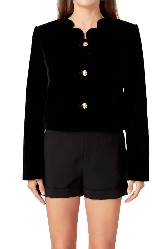 Plus Size Women's Military - Inspired Blazers with Gold Accents for a Bold LookVelvet Scallop Jacket In Black