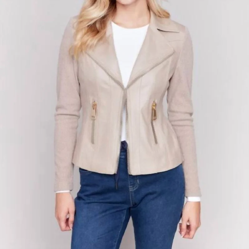 Plus Size Women's Double - Breasted Wool Blazers for Winter Office WearVintage Faux Leather Rib Knit Jacket In Almond