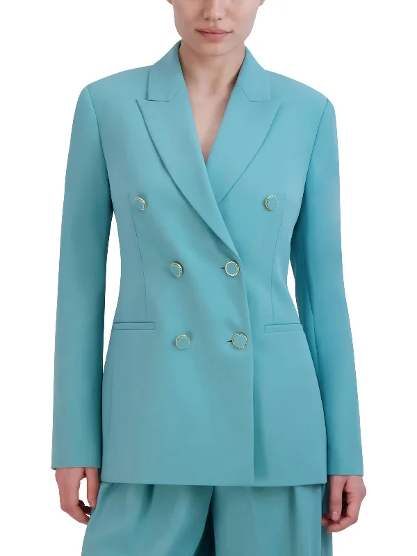 Women's Tailored Stretch Blazers in Navy Blue for Business MeetingsWomens Embellished Long Sleeve Double-Breasted Blazer