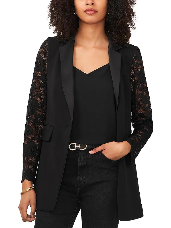 Plus Size Women's Military - Inspired Blazers with Gold Accents for a Bold LookWomens Mixed Media Lace Sleeve One-Button Blazer Plus Size Women's Military - Inspired Blazers with Gold Accents for a Bold LookWomens Mixed Media Lace Sleeve One-Button Blazer