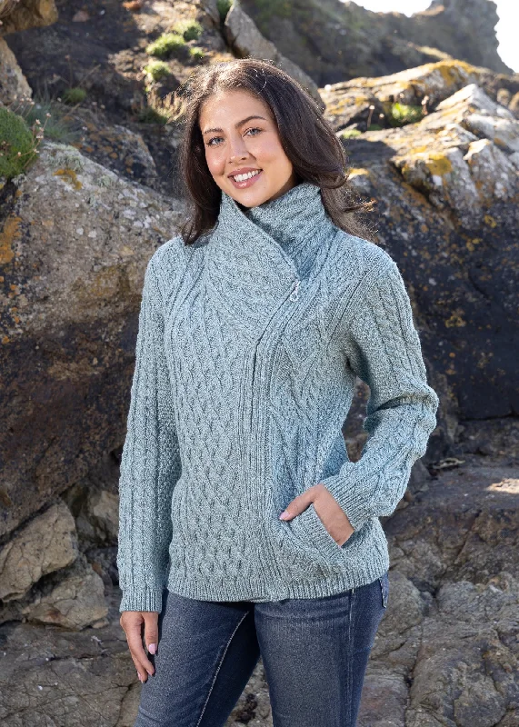 plus size women cardigan for comfortable layeringAran Bikers Claddagh Side Zip Cardigan | Aqua plus size women cardigan for comfortable layeringAran Bikers Claddagh Side Zip Cardigan | Aqua