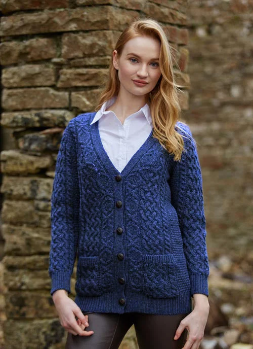 cropped women cardigan to pair with high - waisted jeansAdare Boyfriend Aran Cardigan | Blue cropped women cardigan to pair with high - waisted jeansAdare Boyfriend Aran Cardigan | Blue