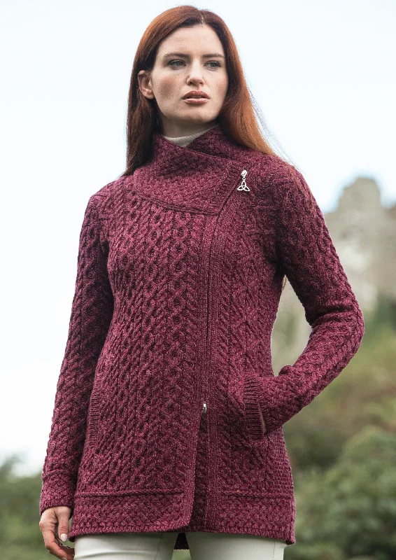 long length women cardigan with side slitsAran Crafts Athenry Asymmetric Coat | Purple long length women cardigan with side slitsAran Crafts Athenry Asymmetric Coat | Purple