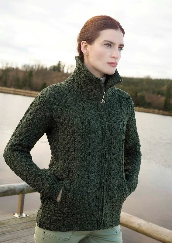 v neck women cardigan to elongate the necklineAran Crafts Double Collar Trinity Cardigan | Green v neck women cardigan to elongate the necklineAran Crafts Double Collar Trinity Cardigan | Green