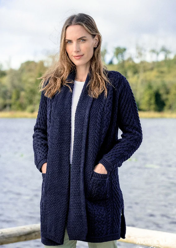 color block women cardigan with bold huesAran Crafts Edge To Edge Coat | Navy
