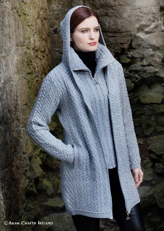 cable knit women cardigan with intricate patternsAran Crafts Grey Hooded Zip Coat | Grey cable knit women cardigan with intricate patternsAran Crafts Grey Hooded Zip Coat | Grey