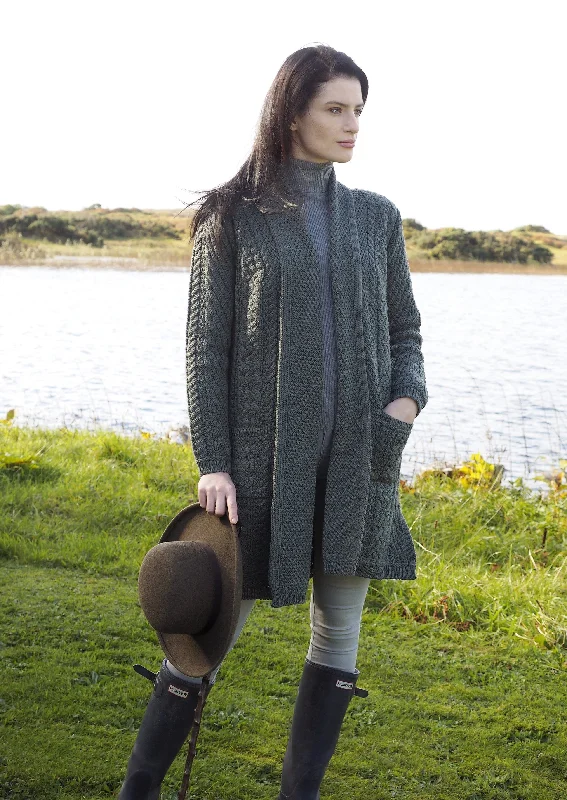 button down women cardigan with vintage buttonsAran Crafts Long Knitted Coat | Green button down women cardigan with vintage buttonsAran Crafts Long Knitted Coat | Green