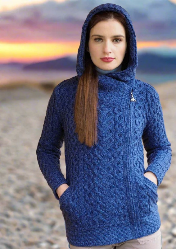 maternity women cardigan for expecting momsAran Crafts Side Zip Hooded Cardigan | Blue maternity women cardigan for expecting momsAran Crafts Side Zip Hooded Cardigan | Blue