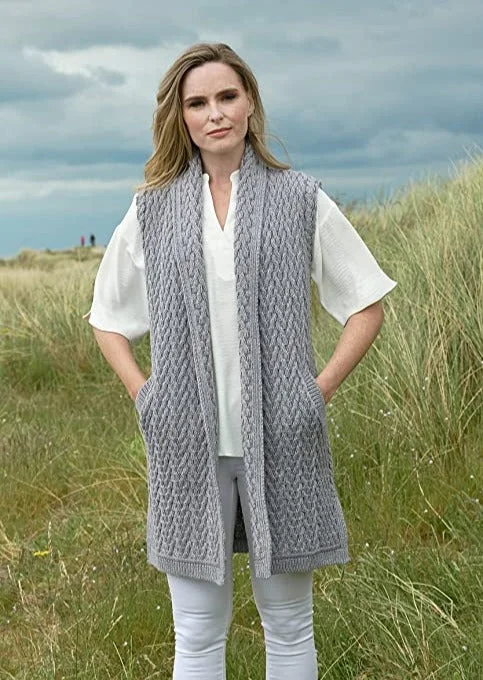plus size women cardigan for comfortable layeringAran Crafts Sleeveless Herringbone Cardigan | Grey plus size women cardigan for comfortable layeringAran Crafts Sleeveless Herringbone Cardigan | Grey