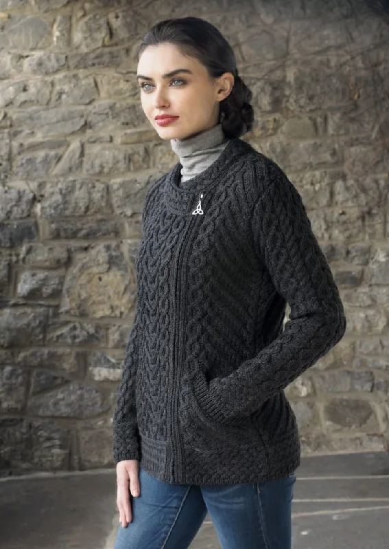 hooded women cardigan for added warmth and styleAran Heart Design Zip Cardigan | Charcoal hooded women cardigan for added warmth and styleAran Heart Design Zip Cardigan | Charcoal