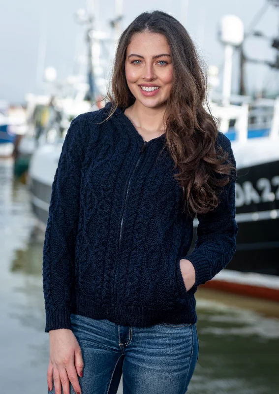 long length women cardigan with side slitsIrelandsEye Women's Aran Hooded Cardigan | Navy long length women cardigan with side slitsIrelandsEye Women's Aran Hooded Cardigan | Navy