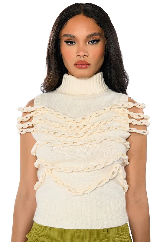 Women's Sleeveless Knit Tank Tops in Bright Summer HuesCHAIN LINK DETAIL SLEEVELESS TURTLENECK SWEATER Women's Sleeveless Knit Tank Tops in Bright Summer HuesCHAIN LINK DETAIL SLEEVELESS TURTLENECK SWEATER