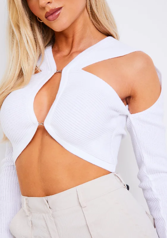Women's Cropped Knit Tops with Ruffled Sleeves for a Feminine LookCora White Cut Out Knit Top
