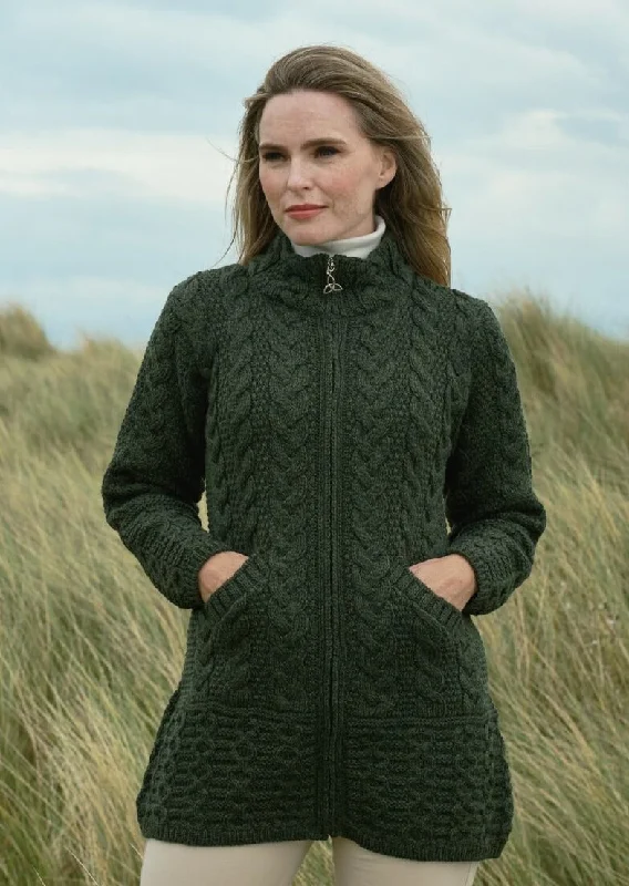 sequin embellished women cardigan for special occasionsAran Crafts Cork Long Zip Coat | Green sequin embellished women cardigan for special occasionsAran Crafts Cork Long Zip Coat | Green