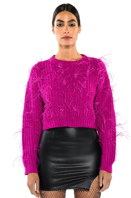V - Neck Women's Knit Tops with Lace Trim for a Romantic TouchCUFFING SEASON FEATHER DETAIL SWEATER V - Neck Women's Knit Tops with Lace Trim for a Romantic TouchCUFFING SEASON FEATHER DETAIL SWEATER