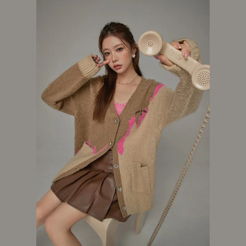 floral print women cardigan for a feminine touchHeart Button Color Cardigan