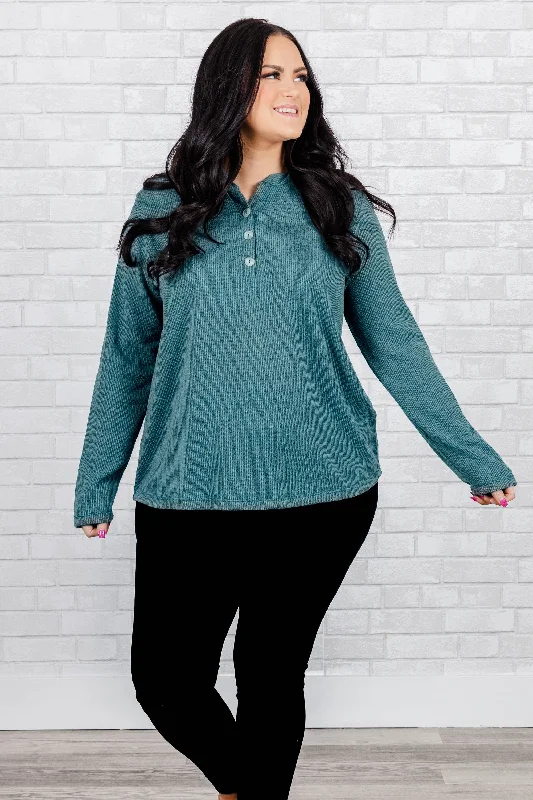 Button - Down Women's Knit Blouses with a Chunky Knit TextureKnow About Those Times Sweater, Dusty Teal