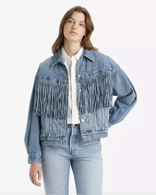 Women's denim jackets with distressed details for a casual and edgy look90's Fringe Trucker Jacket in Fringe Society Women's denim jackets with distressed details for a casual and edgy look90's Fringe Trucker Jacket in Fringe Society