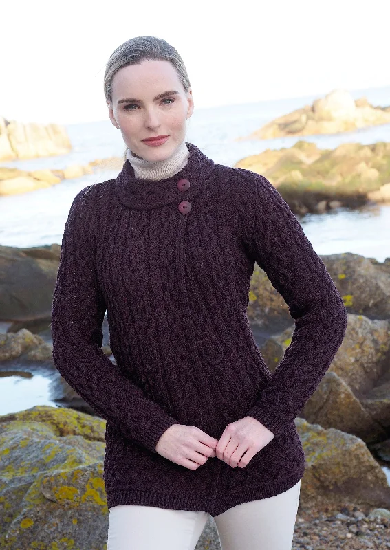 hooded women cardigan for added warmth and styleMeath Side Button Aran Cardigan | Plum hooded women cardigan for added warmth and styleMeath Side Button Aran Cardigan | Plum