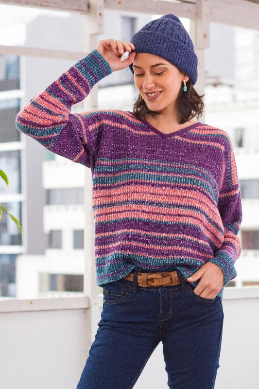 V - Neck Women's Knit Tops with Lace Trim for a Romantic TouchMesa Sunrise Multi-Color Stripe Alpaca Blend Long Sleeve V-Neck Sweater V - Neck Women's Knit Tops with Lace Trim for a Romantic TouchMesa Sunrise Multi-Color Stripe Alpaca Blend Long Sleeve V-Neck Sweater
