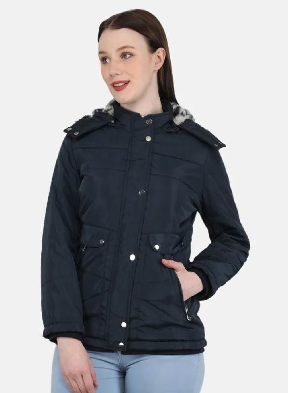 Women's long - length wool blend jackets for a warm and stylish winter lookWomen NAvy Blue Solid Jacket
