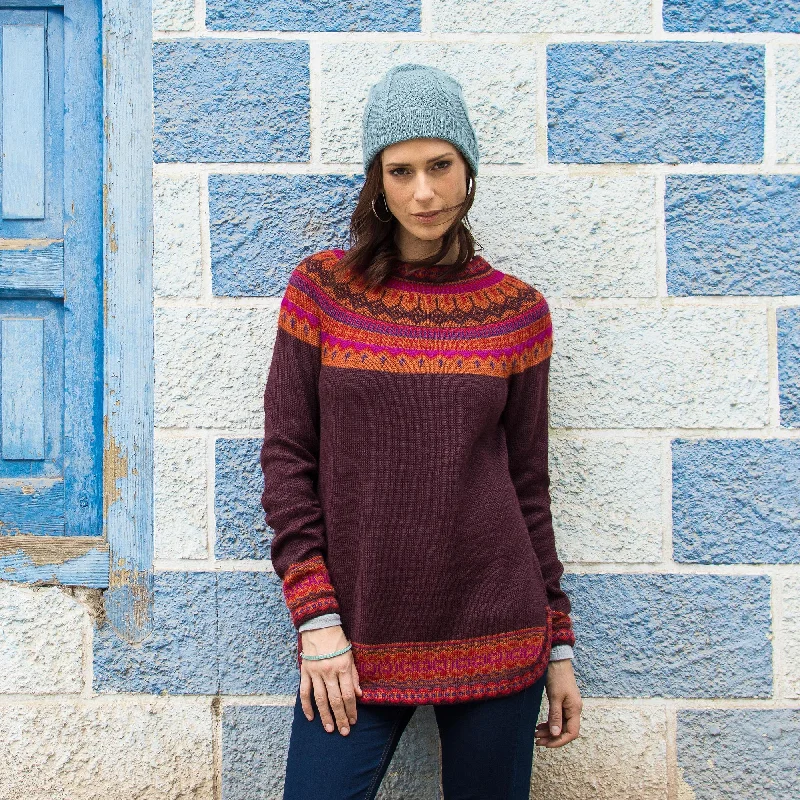 Women's Cropped Knit Tops with Ruffled Sleeves for a Feminine LookPlayful Plum Women's Art Knit Alpaca Pullover Sweater from Peru Women's Cropped Knit Tops with Ruffled Sleeves for a Feminine LookPlayful Plum Women's Art Knit Alpaca Pullover Sweater from Peru