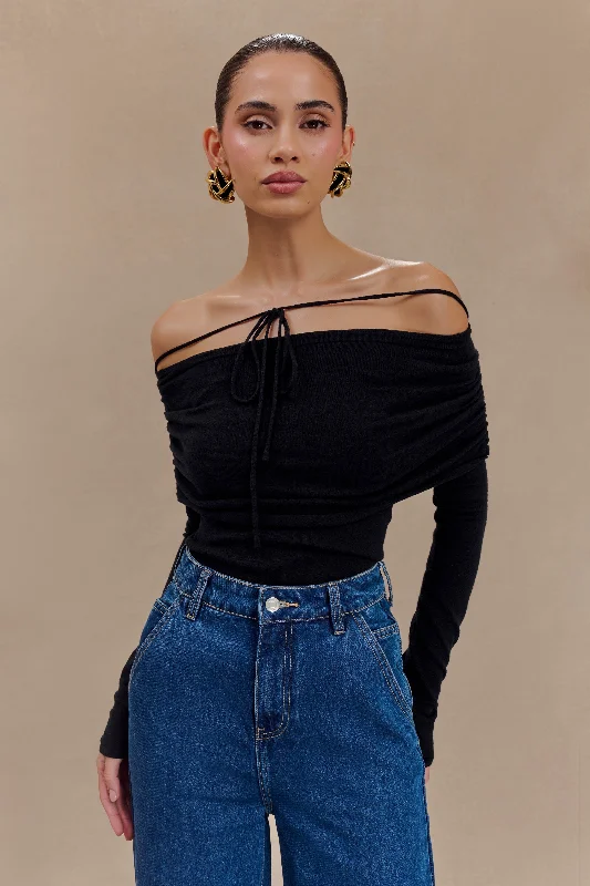 Plus Size Women's Oversized Knit Tops in Neutral ColorsPolly Off Shoulder Long Sleeve Knit Top - Black Plus Size Women's Oversized Knit Tops in Neutral ColorsPolly Off Shoulder Long Sleeve Knit Top - Black