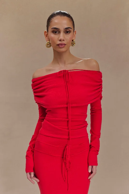 Women's Knit Halter Tops in a Trendy Design for Beach DaysPolly Off Shoulder Long Sleeve Knit Top - Red Women's Knit Halter Tops in a Trendy Design for Beach DaysPolly Off Shoulder Long Sleeve Knit Top - Red