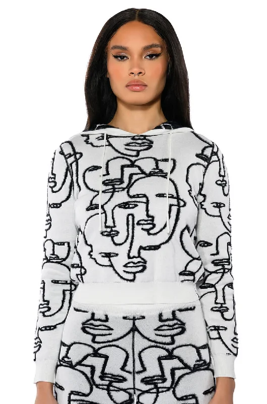 Plus Size Women's Knit Tunic Tops with Side Slits for a Flowy SilhouetteSHE'S GIVING ART LONG SLEEVE HOODED SWEATER Plus Size Women's Knit Tunic Tops with Side Slits for a Flowy SilhouetteSHE'S GIVING ART LONG SLEEVE HOODED SWEATER