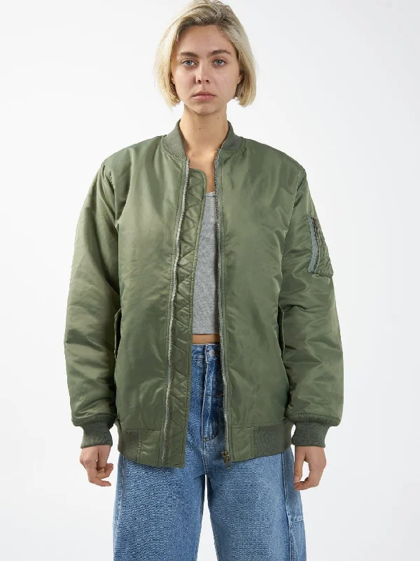 Women's bomber jackets with a holographic finish for a futuristic and eye - catching lookThrills Union Oversized Bomber - Mild Army Women's bomber jackets with a holographic finish for a futuristic and eye - catching lookThrills Union Oversized Bomber - Mild Army