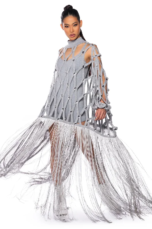 Long - Sleeve Women's Cable - Knit Tops in Earth Tones for FallTIED UP FRINGE EMBELLISHED LONG SWEATER